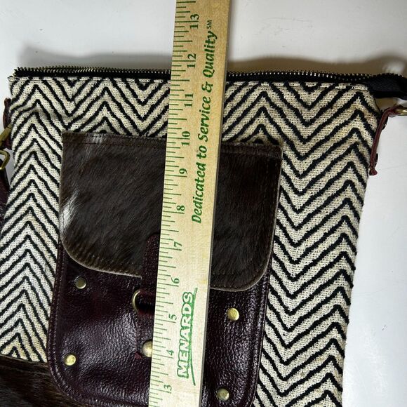 Myra Mixed Media Wine Leather Chevron Fabric Haircalf Shoulder Crossbody Bag - Picture 12 of 13